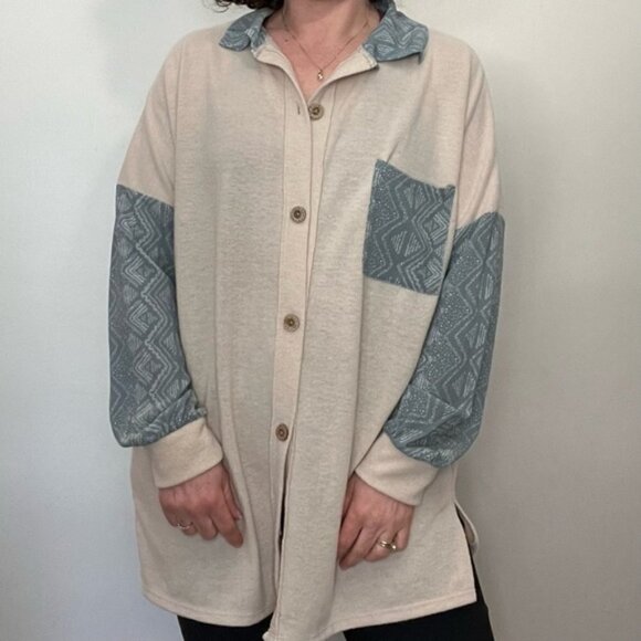 Lovely Melody Button Down Mixed Materials Long Shirt Sz L - Picture 1 of 11